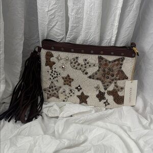 Shyanne Cream Beaded Star Appliqué Wristlet with Brown Tassel
